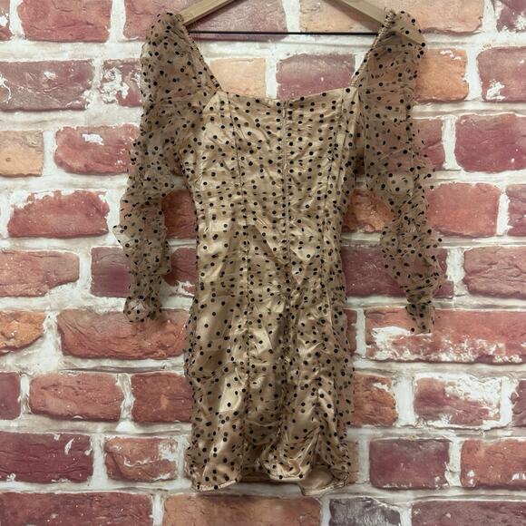 DO + BE Mini Dress Women's Small Tan Black Polka Dot Sheer Mesh Ruched Zip Up - Picture 2 of 8